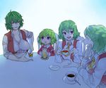  58.2kg :d akira_(cookie) ascot bangs breasts buttons chair collared_shirt commentary_request cookie_(touhou) covered_nipples cup drinking_glass eyebrows_visible_through_hair fang four_of_a_kind_(touhou) green_hair hair_between_eyes hand_up holding holding_cup ice ice_cube jewelry kazami_yuuka large_breasts lemonade long_sleeves macota_(cookie) multiple_girls multiple_persona open_mouth profile purple_eyes red_eyes redqueen_(cookie) ring saucer shirt short_hair sitting sleeveless sleeves_rolled_up smile spoon table talking tea teacup teaspoon touhou upper_body white_shirt younger 
