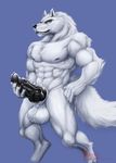  2017 4_fingers abs anthro balls biceps big_balls big_penis black_nose black_penis blue_eyes canine claws erection eyebrows fur hair holding_penis humanoid_penis hungothenomster looking_at_viewer male mammal manly muscular penis pose precum simple_background smile solo standing white_fur white_hair wolf 