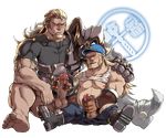  2boys bara barefoot blonde_hair blush erection facial_hair feet hana_(artist) handjob male_focus masturbation multiple_boys overwatch penis penis_grab reinhardt_(overwatch) sitting size_difference smile sweat torbjorn_(overwatch) uncensored yaoi 