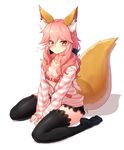  :&gt; animal_ears between_thighs black_legwear blush bra breasts cleavage closed_mouth eyebrows_visible_through_hair fate/extra fate/extra_ccc fate_(series) fox_ears fox_tail full_body hair_between_eyes hair_ornament hair_scrunchie heart highres hood hooded_jacket hoodie jacket jewelry long_hair looking_at_viewer medium_breasts narynn necklace no_shoes pendant pink_bra pink_hair scrunchie simple_background sitting sleeves_past_wrists smile solo striped striped_jacket tail tamamo_(fate)_(all) tamamo_no_mae_(fate) thighhighs underwear unzipped wariza white_background yellow_eyes zipper 
