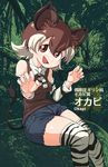  animal_ears bare_shoulders bow bowtie brown_eyes brown_hair character_name highres inarou_(rakugakiproject) japari_symbol jungle kemono_friends leaf multicolored_hair nature okapi_(kemono_friends) okapi_ears okapi_tail open_mouth sitting solo tail thighhighs two-tone_hair white_hair 