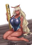  bare_shoulders blonde_hair breasts cleavage collarbone competition_swimsuit dark_skin huge_breasts itou_ittousai_(sengoku_bushouki_muramasa) jack_hamster long_hair looking_at_viewer one-piece_swimsuit parted_lips pink_eyes sengoku_bushouki_muramasa sideboob signature sitting solo swimsuit thighs translation_request very_long_hair wariza 