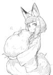  :&lt; ahoge animal_ear_fluff animal_ears bangs blunt_bangs closed_mouth fox_ears fox_girl_(jaco) fox_tail greyscale jaco large_tail long_sleeves looking_away looking_up monochrome original self_hug shirt short_hair short_hair_with_long_locks simple_background sketch solo tail tail_hug tareme white_background 