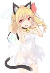  :d animal_ears arms_up bare_shoulders bell bell_choker blonde_hair breasts cat_ears cat_tail choker claw_pose collarbone crystal dress extra_ears eyebrows_visible_through_hair fang flandre_scarlet jingle_bell kedama_milk kemonomimi_mode lips long_hair nightgown open_mouth paw_pose pointy_ears red_eyes ribbon see-through_silhouette short_dress side_ponytail small_breasts smile solo strapless strapless_dress sundress tail thighs touhou v-shaped_eyebrows white_dress wings 