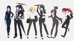  6girls artist_request bag black_hair blonde_hair glasses high_heels mecha office_lady ponytail red_hair ribbon suit umbrella white_shirt 