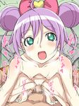  1boy 1girl a_(user_rajw2873) barefoot blush bow collarbone double_bun eyebrows eyebrows_visible_through_hair hair_between_eyes hair_bow heart hetero manaka_lala nipples nude open_mouth penis pov pov_eye_contact pripara purple_hair pussy sex sketch small_breasts solo_focus text toes uncensored vaginal 