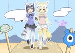  animal_ears black_gloves black_hair black_skirt blonde_hair blush bow bowtie brown_eyes cloud common_raccoon_(kemono_friends) day fang fennec_(kemono_friends) fox_ears fox_tail full_body gloves hat hat_feather helmet highres holding_hands kemono_friends looking_at_viewer mountain multiple_girls open_mouth outdoors outline pantyhose parody pith_helmet pleated_skirt raccoon_ears raccoon_tail sekira_ame shoes short_hair short_sleeves skirt sky smile tail thighhighs walking white_legwear white_outline white_skirt yama_no_susume 