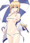  :o absurdres artoria_pendragon_(all) bangs bikini bikini_pull blonde_hair breasts cowboy_shot eyebrows_visible_through_hair fate_(series) green_eyes hair_between_eyes highres holding holding_sword holding_umbrella holding_weapon jacket long_sleeves medium_breasts navel parasol pulled_by_self saber shunichi simple_background solo swimsuit sword umbrella underboob weapon white_background white_bikini 