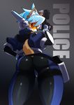  1girl ass english female from_behind furry gradient_background gun looking_back mayoi89g original ramune_(mayoi89g) robot_ears shiny solo tail visor weapon 