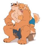  anthro bench blue_eyes blush canine clothed clothing dog duo eyes_closed fur holding_object hug hugging_from_behind kemono male male/male mammal multicolored_fur muscular muscular_male otake simple_background tagme takemoto takemoto_arashi tan_fur topless towel two_tone_fur white_background 