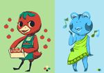  amphibian animal_crossing anthro avian beak biped bird blue_background blue_hair blue_lips blue_skin blue_tongue bottomless clothed clothing color_swatch cool_colors digital_drawing_(artwork) digital_media_(artwork) digitigrade diva_(animal_crossing) duck duo eyes_closed feather_tuft feathers featureless_feet featureless_hands featureless_limbs female flat_chested flora_fauna food food_creature frog fruit full-length_portrait green_background hair huge_lips ketchup_(animal_crossing) leaves looking_away musical_note nintendo open_mouth partially_clothed plant portrait reality_undoer red_feathers red_tongue short_tail simple_background singing small_tail smile standing tomato tuft video_games warm_colors webbed_feet winged_arms wings 