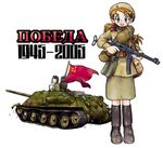  1girl caterpillar_tracks ground_vehicle gun hammer_and_sickle hayami_rasenjin military military_vehicle motor_vehicle original pps-43 soviet soviet_flag su-85 submachine_gun tank tank_destroyer tank_helmet weapon 