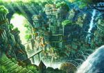  arch bridge canyon chimney city cityscape fantasy flag fog forest from_above gears kemi_neko nature no_humans original revision scenery signature stairs sunlight tree water water_tower waterfall watermill 