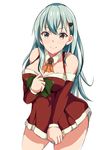  aqua_eyes aqua_hair ascot bare_shoulders blush breasts cleavage commentary hair_ornament hairclip highres kantai_collection large_breasts long_hair looking_at_viewer nemo_1988 santa_costume simple_background smile solo suzuya_(kantai_collection) thighs white_background 