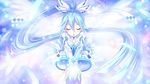  alternate_costume blue_hair blush choujigen_taisen_neptune_vs_sega_hard_girls closed_eyes detached_sleeves feathers game_cg glowing hair_ornament hair_ribbon highres light_particles long_hair magic neptune_(series) official_art ponytail ribbon sega_hard_girls sega_hatsumi solo spoilers tsunako very_long_hair wide_sleeves 