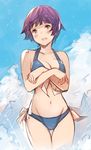  ass_visible_through_thighs bikini blue_bikini blue_sky blush breasts cleavage covering covering_chest cowboy_shot crossed_arms day embarrassed eromanga_sensei eyebrows_visible_through_hair hanarito large_breasts navel open_mouth outdoors purple_eyes purple_hair senju_muramasa short_hair sky solo swimsuit thigh_gap wavy_mouth 