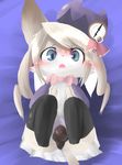  3_fingers 3_toes absurd_res bangs bed_sheet bedding big_ears black_bottomwear black_clothing black_legwear black_panties blonde_hair blush bow_tie brown_fur cat cat_busters cheek_tuft clock clothed clothing countershade_face countershading crona_(cat_busters) crossdressing cute cute_fangs digital_media_(artwork) dipstick_ears eyebrows_visible_through_hair eyelashes fangs feline front_view full-length_portrait fur girly grey_fur grey_tail hair hand_on_chest hat hi_res kemono legs_up legwear long_hair long_sleeves looking_at_viewer mammal multicolored_fur open_mouth panties paws pigtails pink_tongue portrait purple_hat sarada semi-anthro small_nose solo teeth thigh_highs toes tongue tuft underwear white_countershading white_fur white_nose 