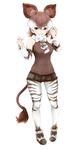  animal_ears bare_shoulders bow bowtie brown_eyes brown_hair full_body ise_(0425) kemono_friends multicolored_hair okapi_(kemono_friends) okapi_ears okapi_tail pantyhose simple_background solo tail teeth two-tone_hair white_background white_hair 