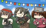  black_hair blue_sky brown_hair commentary dancing dated day empty_eyes gloves hachimaki hair_between_eyes hakama_skirt hamu_koutarou headband highres japanese_clothes jitome kantai_collection kariginu magatama multiple_girls muneate partly_fingerless_gloves remodel_(kantai_collection) ryuujou_(kantai_collection) shaded_face short_hair sky sparkle string_of_flags taihou_(kantai_collection) tasuki twintails uwu visor_cap yugake zui_zui_dance zuikaku_(kantai_collection) 