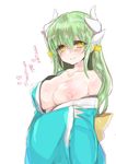  bare_shoulders blush breasts collarbone fate/grand_order fate_(series) green_hair hair_ornament heart heart-shaped_pupils horns japanese_clothes kimono kiyohime_(fate/grand_order) large_breasts long_hair looking_at_viewer mamemix multiple_horns nipples off_shoulder one_breast_out simple_background sketch smile solo sweat symbol-shaped_pupils translation_request undressing white_background yellow_eyes 