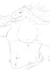  anthro grandall_(artist) greyscale looking_down male monochrome muscular nintendo nipples open_mouth pok&eacute;mon solo sweat towel typhlosion video_games 