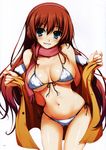  absurdres bangs bikini blue_eyes blush brown_hair coat eyebrows_visible_through_hair front-tie_bikini front-tie_top hairband highres huge_filesize long_hair looking_at_viewer navel original scan scarf side-tie_bikini simple_background smile solo swimsuit tomose_shunsaku white_background 