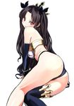 ass bare_shoulders black_hair crown earrings fate/grand_order fate_(series) hair_ribbon hoop_earrings ishtar_(fate/grand_order) jewelry long_hair long_legs looking_at_viewer onaka_(pixiv11820960) red_eyes ribbon simple_background single_thighhigh solo thighhighs very_long_hair white_background 