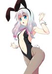  animal_ears arm_up armpits black_hairband black_legwear black_leotard blue_eyes bow breasts bunny_ears bunny_tail bunnysuit covered_nipples cowboy_shot eromanga_sensei eyebrows_visible_through_hair fake_animal_ears hair_bow hairband izumi_sagiri leotard long_hair midriff navel open_mouth pantyhose pink_bow risian shiny shiny_clothes sideboob silver_hair simple_background small_breasts solo standing stomach tail white_background wrist_cuffs 