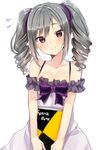 absurdres bare_shoulders blush book breasts cleavage commentary_request drill_hair highres holding holding_book idolmaster idolmaster_cinderella_girls kanzaki_ranko long_hair medium_breasts red_eyes shimofuri silver_hair sketchbook smile solo twin_drills white_background 