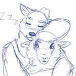  absurd_res anthro betty_(weaver) canine caprine clothing duo eyes_closed fan_character female fur hi_res hug line_art male mammal pack_street remmy_cormo sheep simple_background sleeping unknown_artist white_background wolf wool 