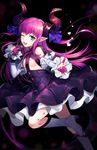 ;d bangs blue_eyes blue_ribbon boots breasts claws commentary detached_sleeves diamond_(shape) dragon_horns dress elizabeth_bathory_(fate) elizabeth_bathory_(fate)_(all) eyebrows_visible_through_hair fate/extra fate/extra_ccc fate_(series) floating_hair frilled_sleeves frills gijang heart high_heel_boots high_heels highres holding holding_microphone horns knee_boots long_hair looking_at_viewer microphone one_eye_closed open_mouth pink_hair pointy_ears revealing_clothes ribbon small_breasts smile solo teeth two_side_up underboob white_footwear wrist_cuffs 