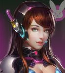  breasts brown_hair cleavage cleavage_cutout d.va_(overwatch) eyebrows_visible_through_hair glowing green_eyes headgear highres logo long_hair looking_at_viewer medium_breasts mole mole_under_eye overwatch parted_lips pilot_suit pink_lips portrait purple_background realistic shiny shiny_hair shoulder_pads sidelocks simple_background smile solo upper_body zhen_guodong 