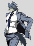  2017 abs anthro bearlovestiger13 belt black_nose business_suit canine clothed clothing dog dress_shirt eyewear father fur glasses grey_background grey_fur grey_hair hair hi_res husky male mammal mitsuhisa_aotsuki morenatsu necktie open_shirt parent shirt simple_background smile solo suit yellow_eyes 