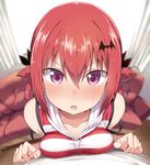  bare_arms bare_shoulders bat_hair_ornament blurry blush breast_press breasts collarbone couch curtains d: depth_of_field fang fisheye gabriel_dropout greatmosu hair_ornament hair_rings highres hood hoodie indoors kurumizawa_satanichia_mcdowell leaning_on_person looking_at_viewer medium_breasts nose_blush open_mouth perspective pov purple_eyes red_hair shirt short_hair sleeveless sleeveless_hoodie sleeveless_shirt solo_focus striped striped_shirt sweatdrop 