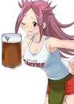  alcohol beer beer_mug breasts cleavage clothes_writing commentary_request cup highres holding holding_cup hooters jun'you_(kantai_collection) kantai_collection large_breasts long_hair masukuza_j no_legwear one_eye_closed open_mouth purple_eyes purple_hair red_shorts shorts simple_background smile solo spiked_hair white_background 