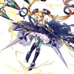  artist_request blonde_hair blue_eyes blue_legwear breasts cleavage collar commentary_request copyright_name detached_collar dress elbow_gloves electricity frills full_body gloves hair_ornament holding kami_project long_hair looking_at_viewer medium_breasts official_art simple_background sleeveless solo staff sword thighhighs twintails very_long_hair weapon white_background zettai_ryouiki 
