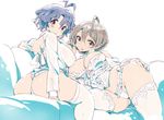  ahoge antenna_hair ass blue_hair breasts brown_eyes frills highres idolmaster idolmaster_million_live! idolmaster_million_live!_theater_days large_breasts multiple_girls panties sakuramori_kaori short_hair sitting thighhighs toyokawa_fuuka underwear zasha 