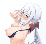  architect bangs bikini bikini_aside blue_eyes blue_hair blush breasts eyebrows_visible_through_hair frame_arms_girl hair_between_eyes hair_ornament hair_ribbon highres large_breasts looking_at_viewer nipples open_mouth ponytail ribbon simple_background solo swimsuit swimwear upper_body white_background yas_(35373) 