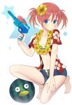  bikini blue_eyes blue_shorts blush breasts cleavage collarbone elizabeth_(gintama) flower food fruit full_body gintama green_bikini gun hair_flower hair_ornament hand_on_lap hawaiian_shirt hiyo_kiki holding holding_gun holding_weapon kagura_(gintama) lei looking_at_viewer navel one_knee open_clothes open_shirt open_shorts red_hair shirt short_hair short_shorts short_sleeves short_twintails shorts simple_background small_breasts solo star striped striped_bikini swimsuit twintails water_gun watermelon weapon white_background yellow_flower 