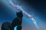  ambiguous_gender black_fur cat cosmic_view detailed_background feline feral fur jay-kuro mammal night sitting sky solo star starry_sky 