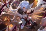  1girl ahoge armor armored_dress bangs bare_shoulders blurry blurry_background breasts cleavage dark_persona diamond-shaped_pupils dress elbow_gloves energy_wings eyebrows_visible_through_hair floating floating_hair fur-trimmed_dress gloves glowing glowing_eyes hair_between_eyes hair_ornament hands_up herrscher_of_the_void honkai_(series) honkai_impact_3 jewelry kiana_kaslana large_breasts light_particles long_hair looking_at_viewer medium_breasts raikoart red_lips sidelocks signature silver_hair single_elbow_glove smile solo symbol-shaped_pupils thighhighs very_long_hair yellow_eyes 