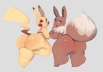  ambiguous_gender big_butt brown_fur butt duo eevee fur half-closed_eyes huge_butt looking_back nintendo open_mouth pikachu pok&eacute;mon semi-anthro tingtongten video_games white_fur 