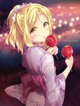 alternate_hairstyle blonde_hair blurry blurry_background blush bokeh candy_apple dated depth_of_field eyebrows_visible_through_hair festival food happy_birthday holding japanese_clothes kimono looking_at_viewer looking_back love_live! love_live!_sunshine!! micopp obi ohara_mari ponytail sash sidelocks solo tongue wide_sleeves yellow_eyes yukata 
