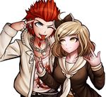  1girl blonde_hair bow chain chain_necklace cousins danganronpa danganronpa_1 hair_bow jewelry kurokku-tokei kuwata_reon lock looking_at_another looking_at_viewer nakajima_kanon neckerchief one_eye_closed padlock piercing red_hair ring safety_pin school_uniform serafuku simple_background smile tongue tongue_out tongue_piercing white_hair yellow_eyes zettai_zetsubou_shoujo 