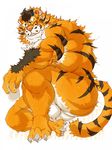  2017 anthro back_muscles barefoot biceps big_muscles black_fur bulge butt claws clothing feline fur gunso_p hair loincloth looking_at_viewer low-angle_view male mammal muscular muscular_male neck_tuft orange_fur sharp_teeth simple_background sitting smile solo stripes teeth tiger toe_claws toes tuft underwear white_background white_fur yellow_eyes 