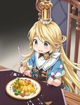  blonde_hair blue_eyes blush broccoli carrot chair charlotta_fenia commentary crown cum empty_eyes food fork granblue_fantasy harvin i_asked_for_scrambled knife long_hair mini_flag omurice open_mouth plate pointy_ears puffy_short_sleeves puffy_sleeves short_sleeves sitting solo table very_long_hair youkan 