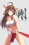  ahoge breasts brown_hair calligraphy collarbone double_bun grey_background grey_eyes grin hairband haruto_(harut_n) headgear kantai_collection kongou_(kantai_collection) large_breasts latin long_hair one_eye_closed orange_hairband remodel_(kantai_collection) sarashi smile solo translated 