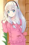  arm_behind_back bad_id bad_pixiv_id bangs blouse blue_eyes blush bow closed_mouth commentary_request eromanga_sensei eyebrows_visible_through_hair frills grey_hair hair_bow hand_up headset highres indoors izumi_sagiri long_hair looking_at_viewer pajamas pink_blouse pink_bow smile solo tareme tsukiman upper_body 