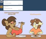  anthro blush breasts cleavage clothed clothing dialogue eating english_text equine fan_character female food georgia_lockheart horn mammal maple_syrup messy_eater my_little_pony oliver_cotter pancake pegasus stunnerpony text tumblr unicorn wings 