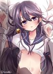  1girl admiral_(kantai_collection) akebono_(kantai_collection) alternate_hairstyle bed_sheet bell breasts eyebrows_visible_through_hair gloves hair_bell hair_between_eyes hair_down hair_ornament head_tilt highres jingle_bell kantai_collection long_hair long_sleeves looking_at_viewer looking_up lying navel no_pants on_back out_of_frame panties panty_peek parted_lips pov pov_hands purple_eyes purple_hair push_down school_uniform serafuku shirt shirt_lift short_sleeves sketch small_breasts solo_focus soramuko stomach twitter_username underboob underwear upper_body very_long_hair white_gloves white_shirt wrist_grab 